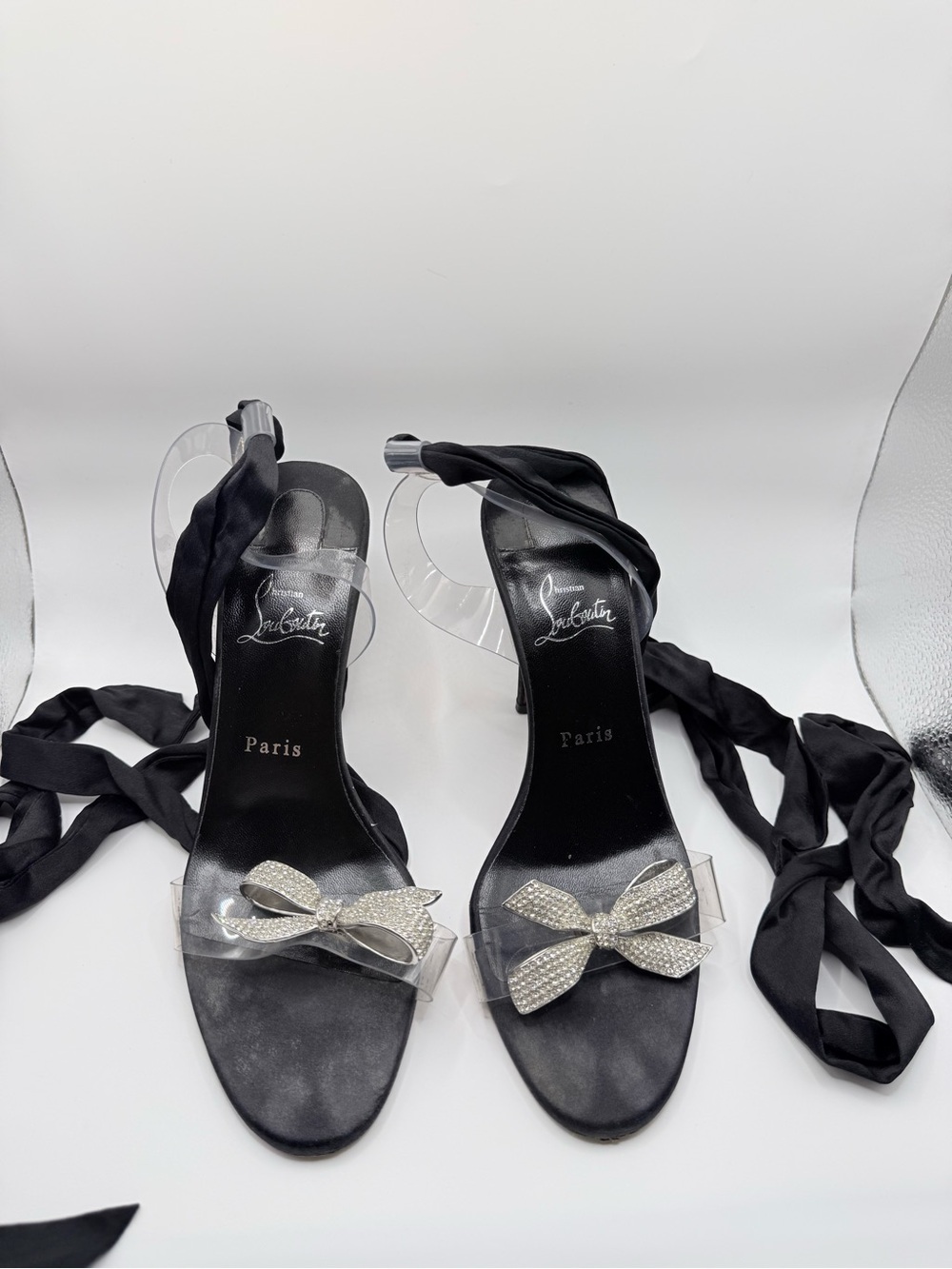 Christian Louboutin Black Satin Crystal Bow Ankle-Tie Sandals